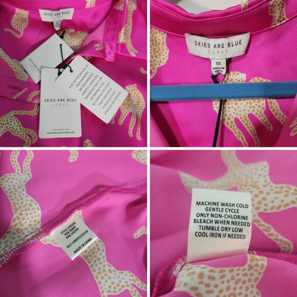 NWT Skies are Blue Curvy Pink Animal Cheetah Print Button Down Satin Shirt Dress - Picture 13 of 13